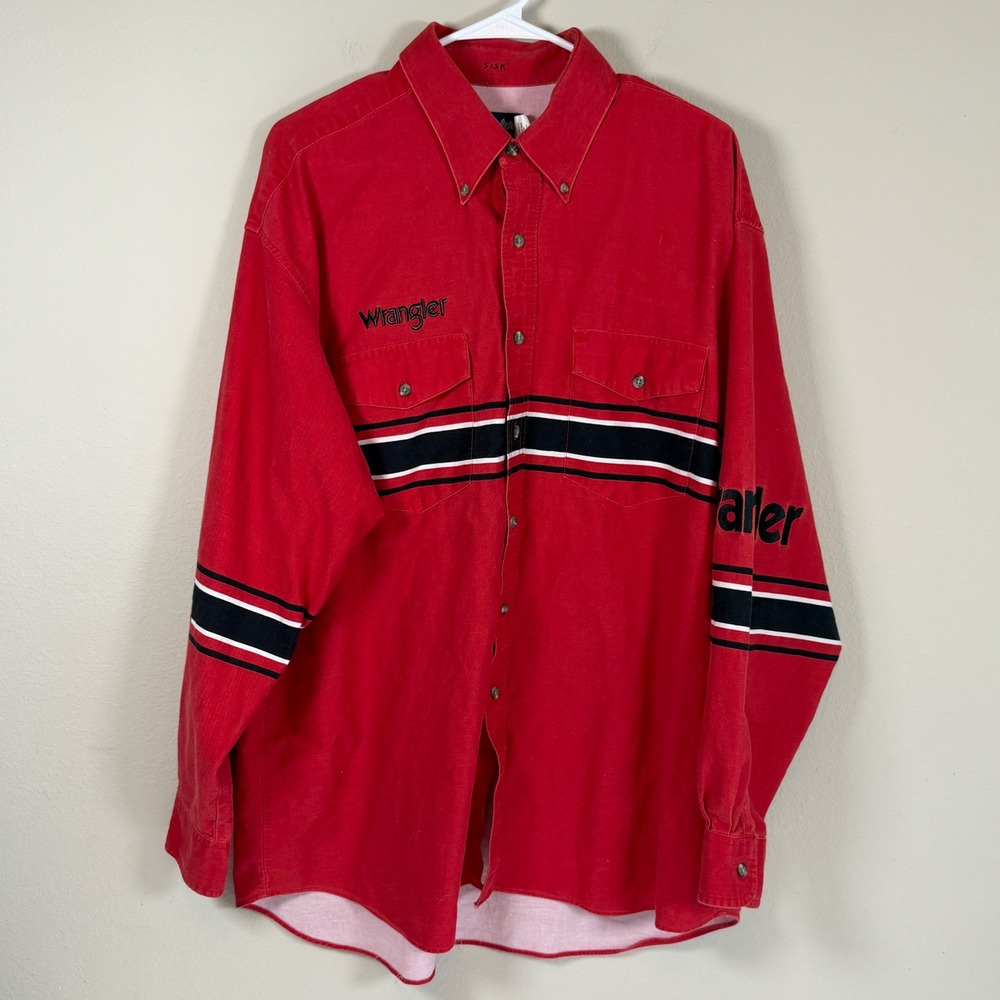 Vintage Wrangler XXL Logo Sleeve Western Shirt Red Button Up Cowboy Rodeo